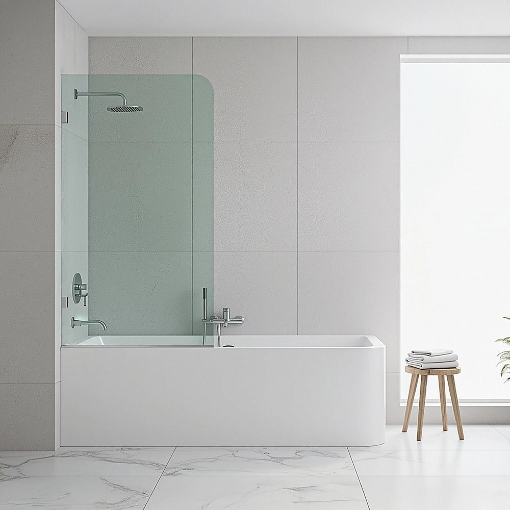Frameless glass bath screen with black wall brackets, clear glass panel