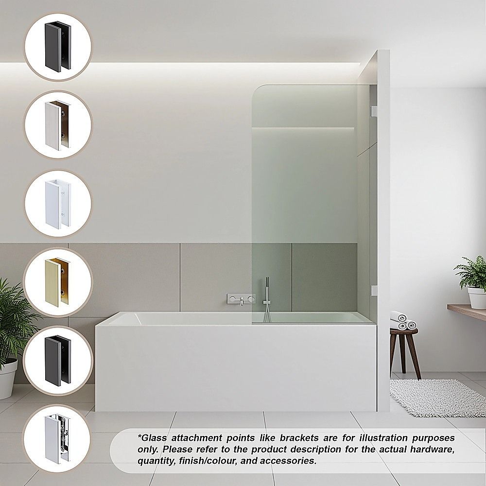 Frameless glass bath screen with black brackets and mounting details