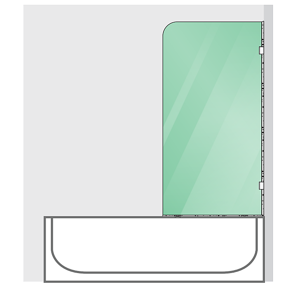 Frameless glass bath screen panel with black bracket mounting hardware