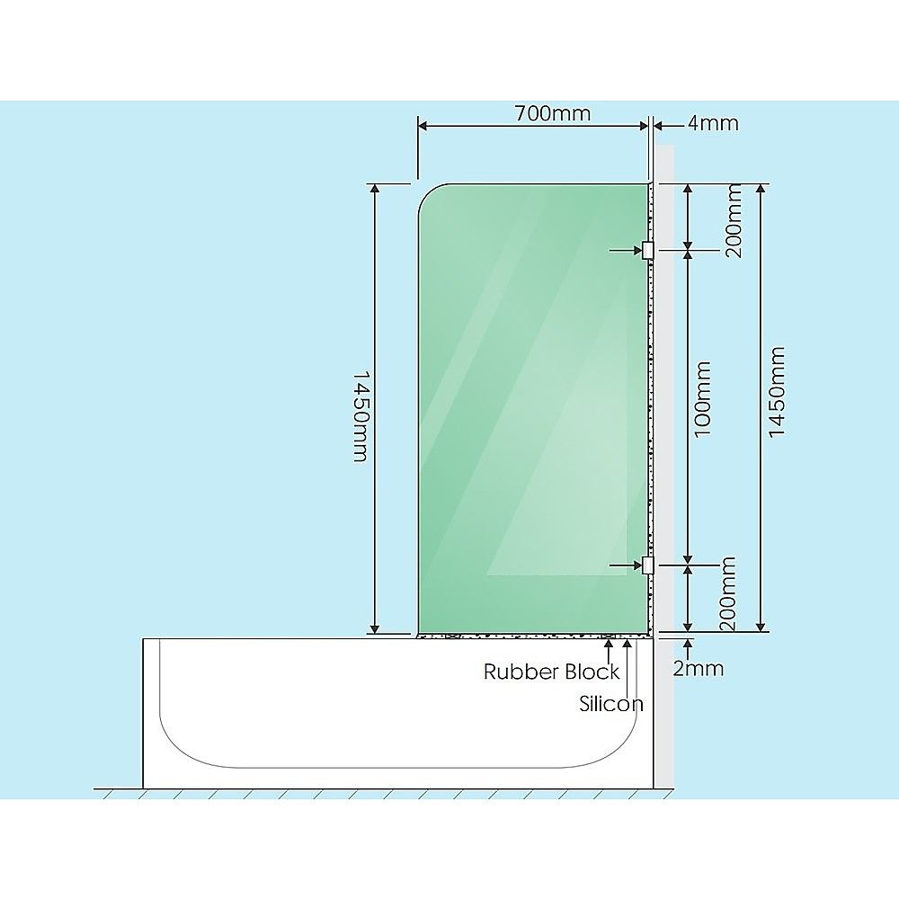 Frameless glass bath screen cross-section with black F-brackets, rubber block