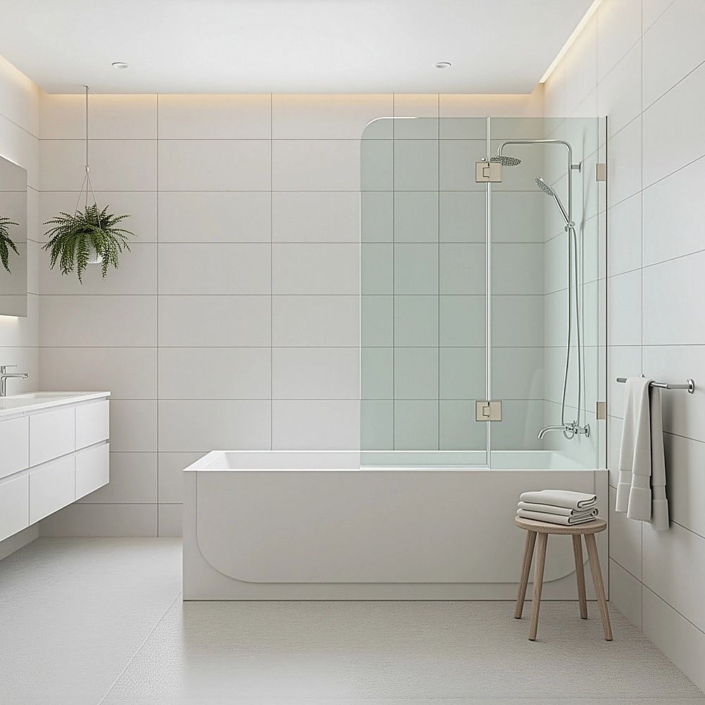 Frameless glass bath screen with black stainless steel mounting brackets at bath corner