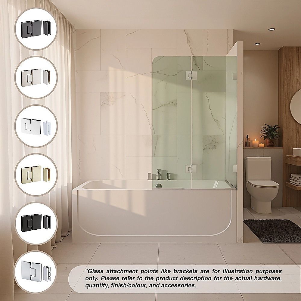 Clear glass bath screen panel with black wall hinges and stainless bracket points
