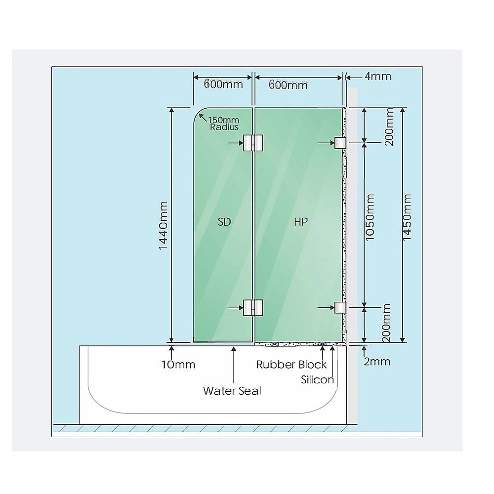 Frameless bath screen installation diagram with glass dimensions and water seal details