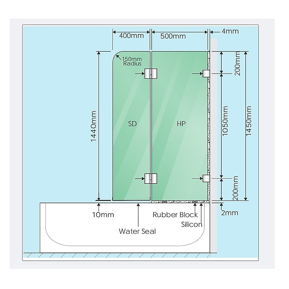 90cm Frameless Glass Bath Screen – Stainless Steel F-Brackets in Gunmetal