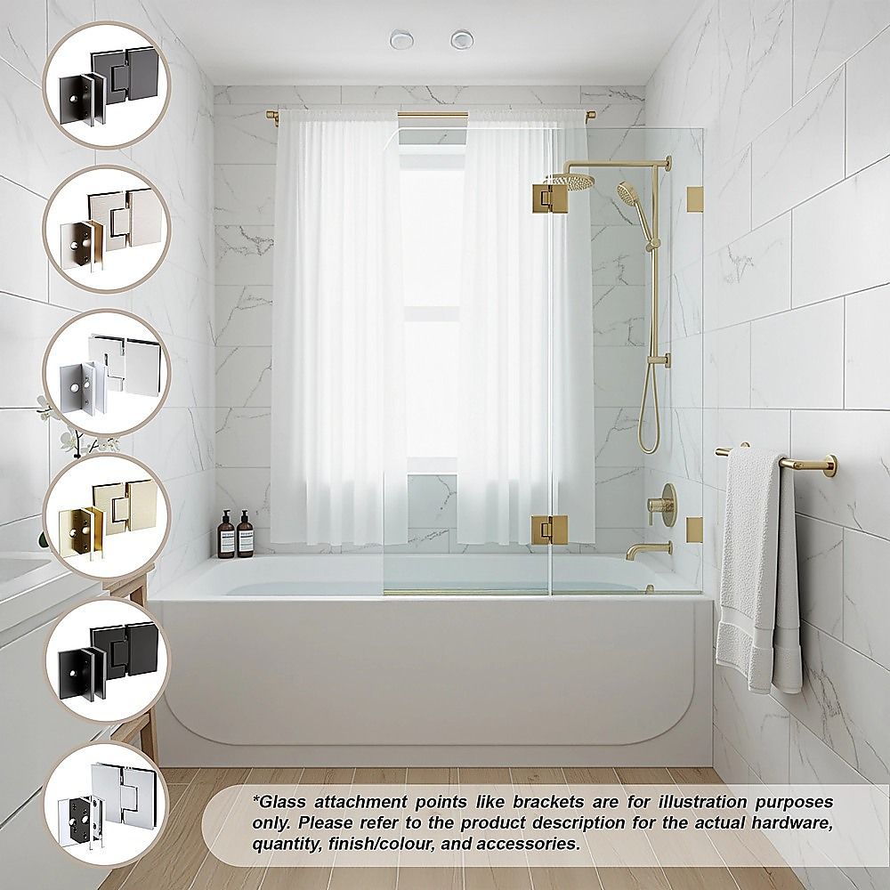 Frameless bath glass screen with clear panel and brass-black corner brackets, wall-mounted