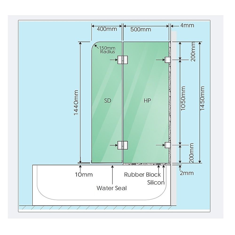 Bath screen dimension diagram with glass panel, hinge cutouts, and water seal