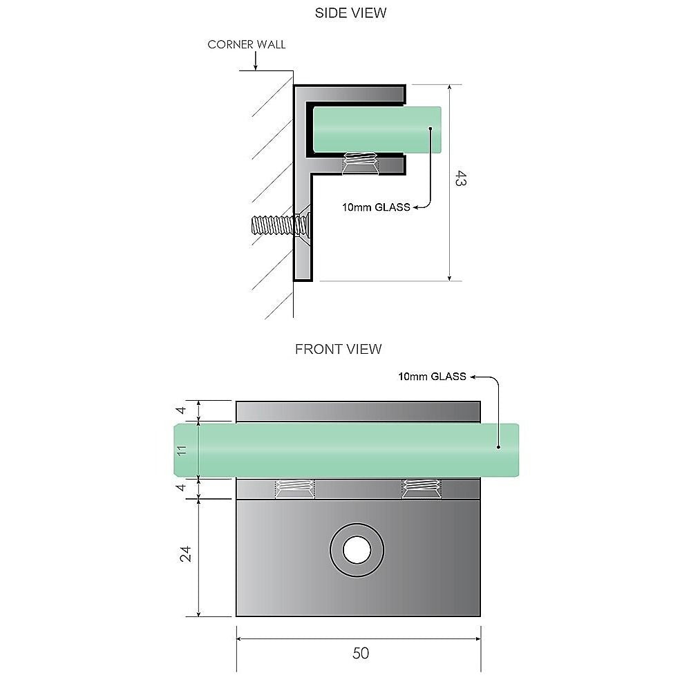 Bath screen side and front view diagram showing 10mm glass and bracket position