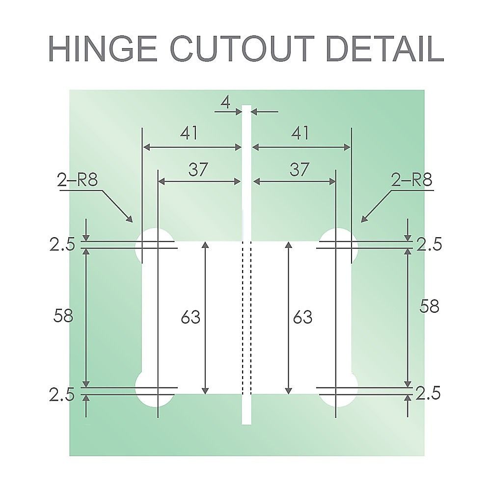 Hinge cutout detail diagram for frameless bath glass screen with measurement marks