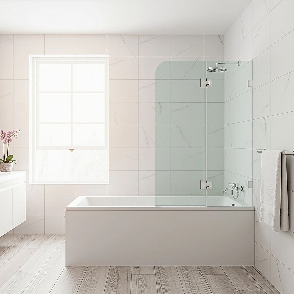 Frameless clear glass bath screen with black brackets and brass fittings in bathroom setup