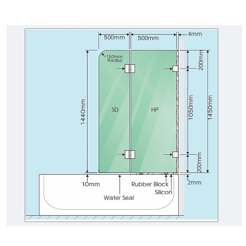 Technical layout for frameless glass bath screen brackets, including dimensions and seals