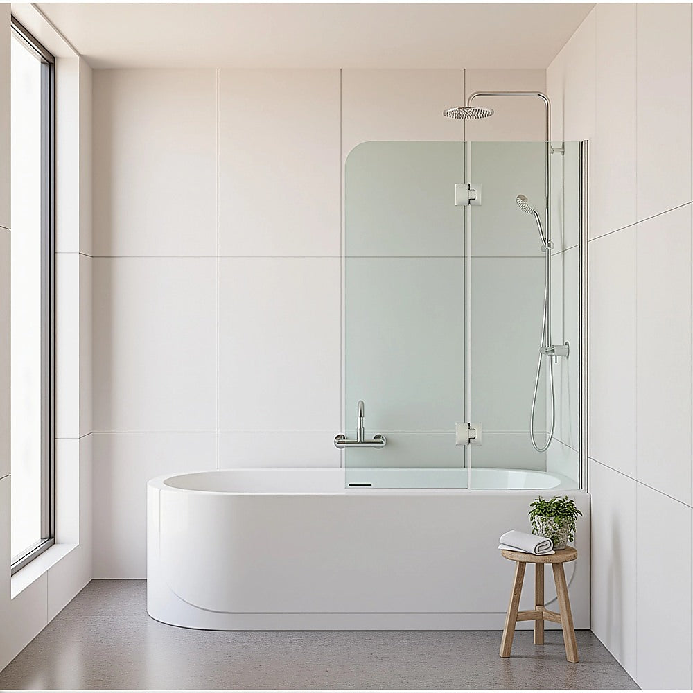 90cm Frameless Glass Bath Screen – Wall Channel with Stainless Steel Hinges in Nickel Finish