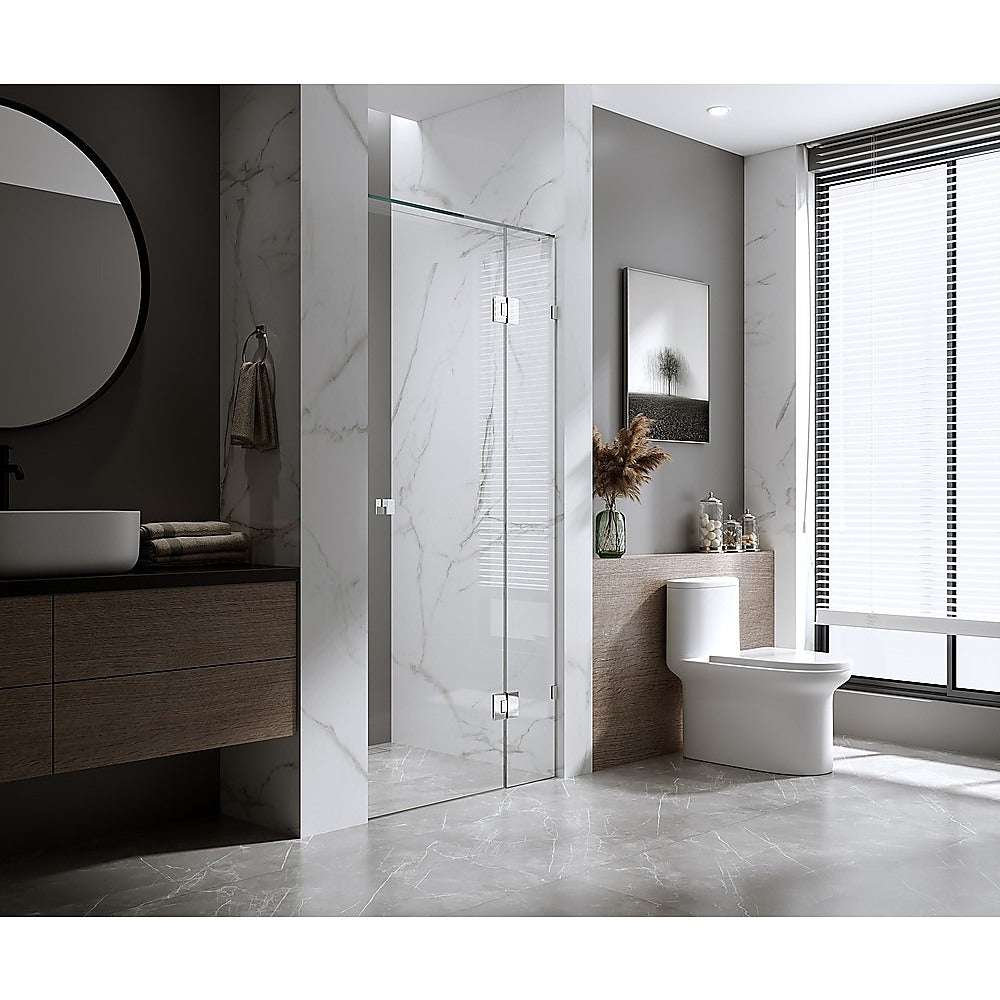 90cm Wall to Wall Frameless Shower Screen – White Wall & Floor U Brackets with SS Hinges & Square Knob Handle