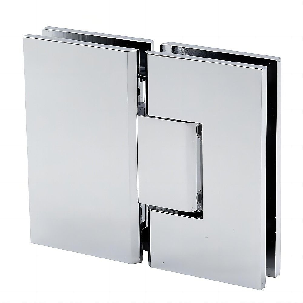 Frameless shower screen hinge set with clear glass panels and chrome bracket plates