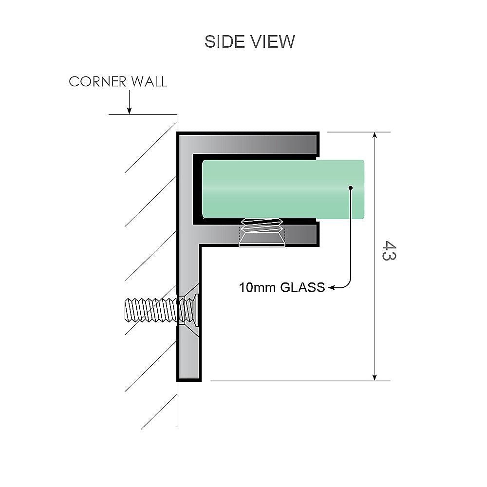 Corner side view of frameless shower screen hinge with 10mm glass detail