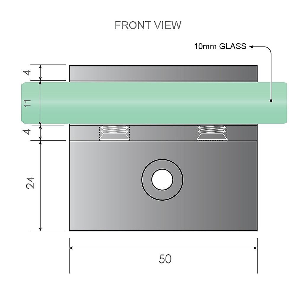 Front view of frameless shower screen hinge showing 10mm glass and knob opening