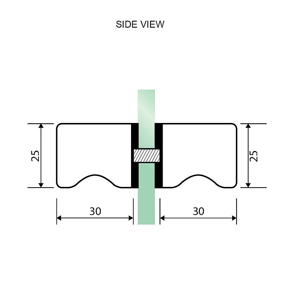 Shower screen hinge side view diagram with opening and mounting dimensions