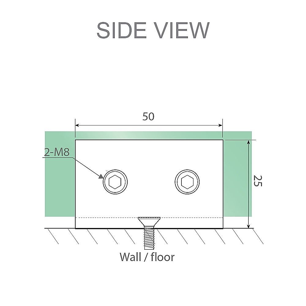 Side view diagram of shower screen hinge with 50 width and 25 height