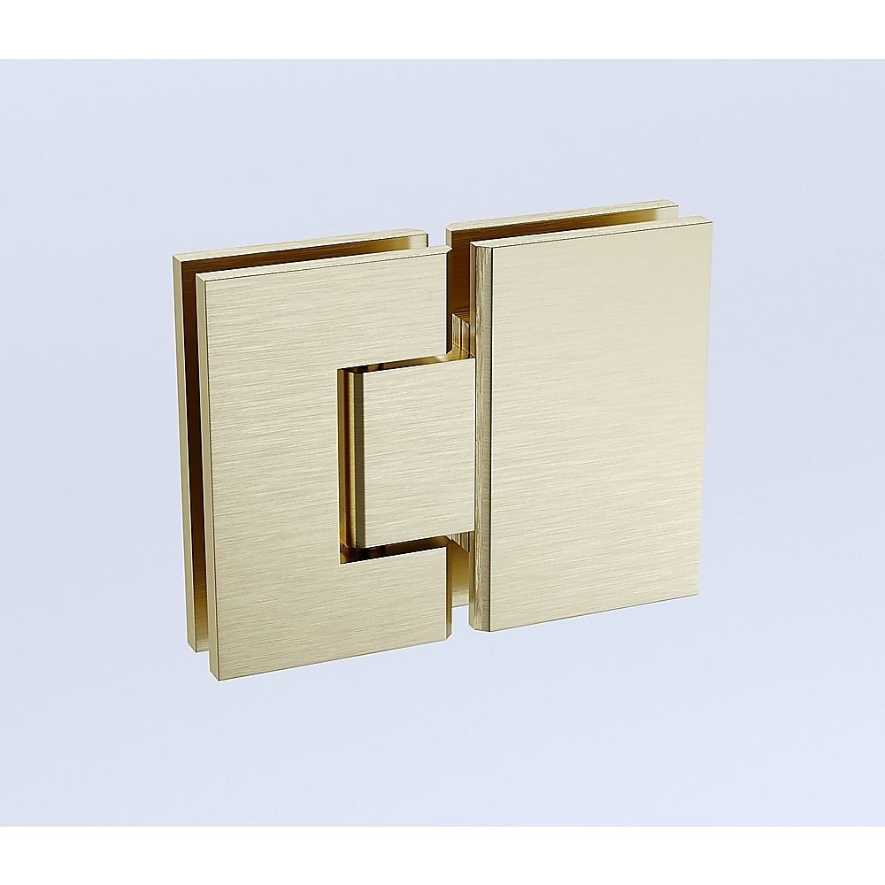 Gold hinge bracket pair with central cutout for aligning frameless shower screen glass