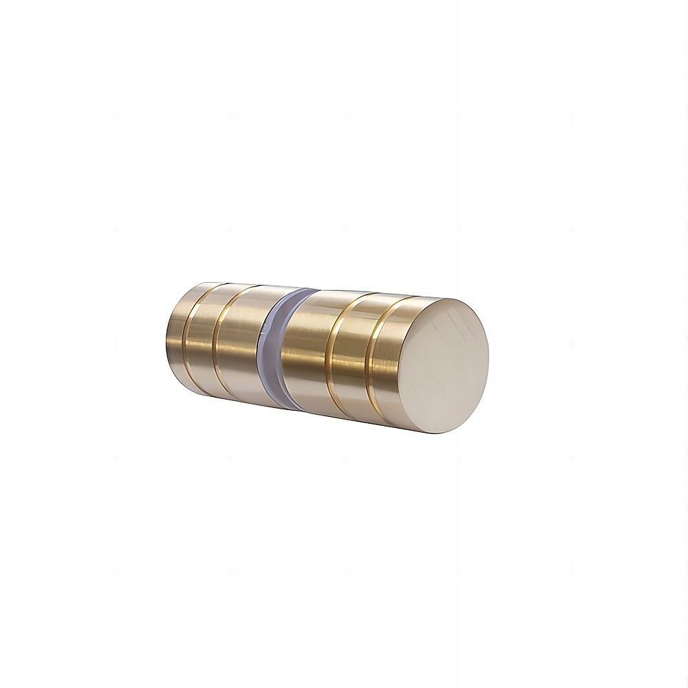 Gold round knob handle with stainless shower screen hinge hardware, isolated close-up