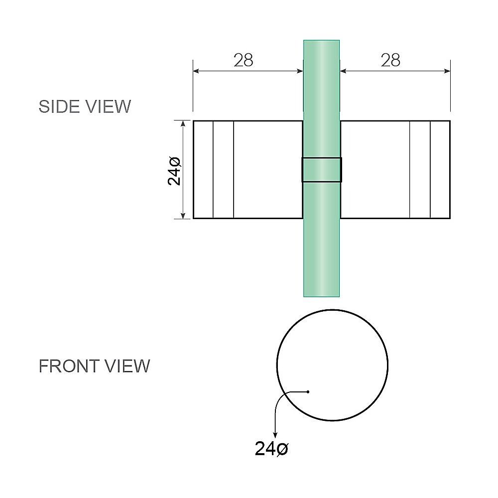 Shower screen floor U-bracket and handle dimensions, front and side view diagram