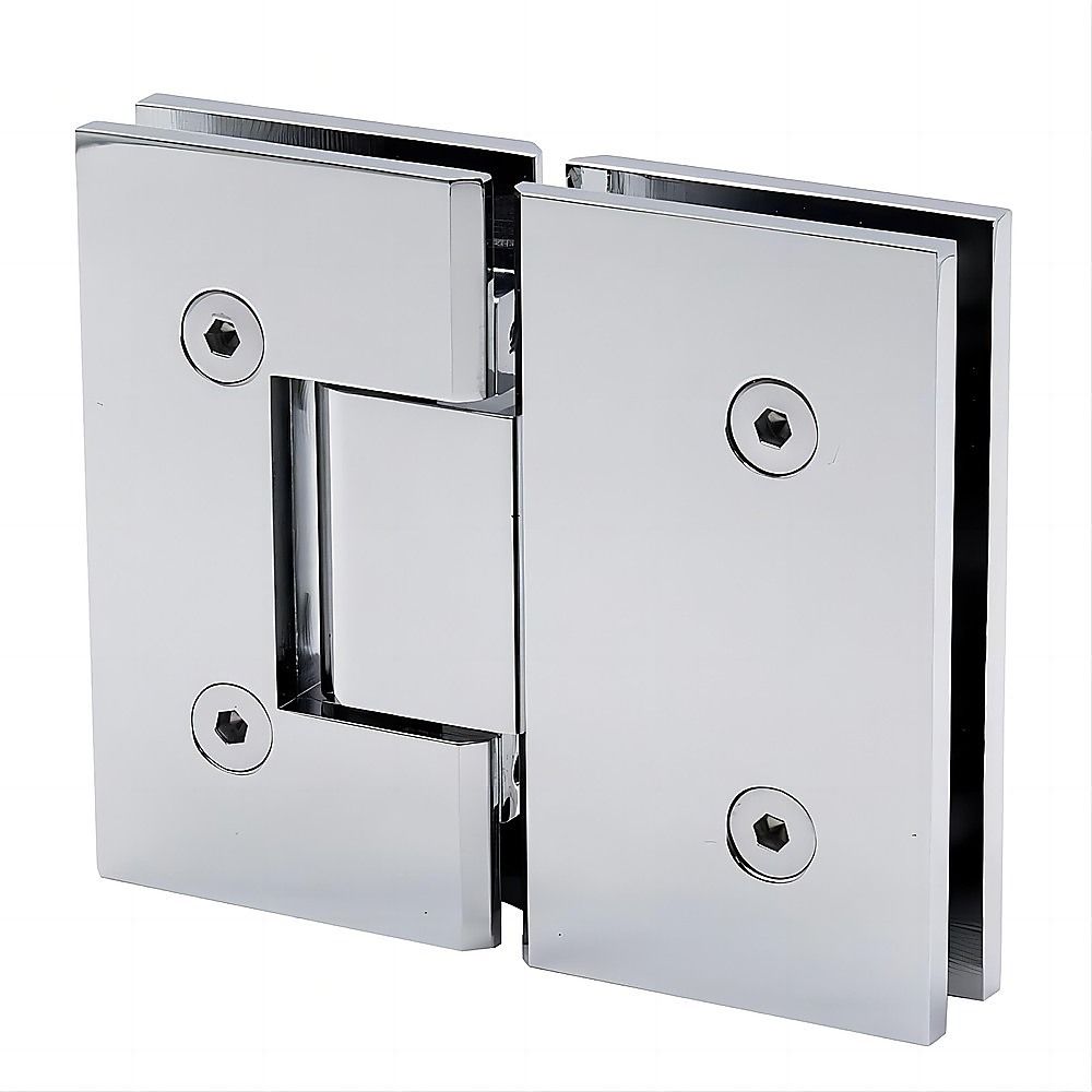 Frameless shower screen hinge brackets in chrome with mounting screws visible