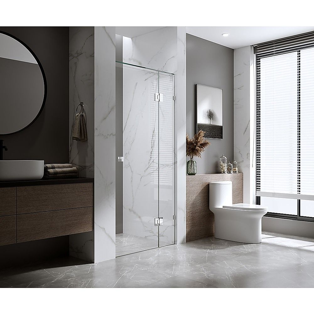 Frameless shower screen door panel with black hardware and square double pull handle