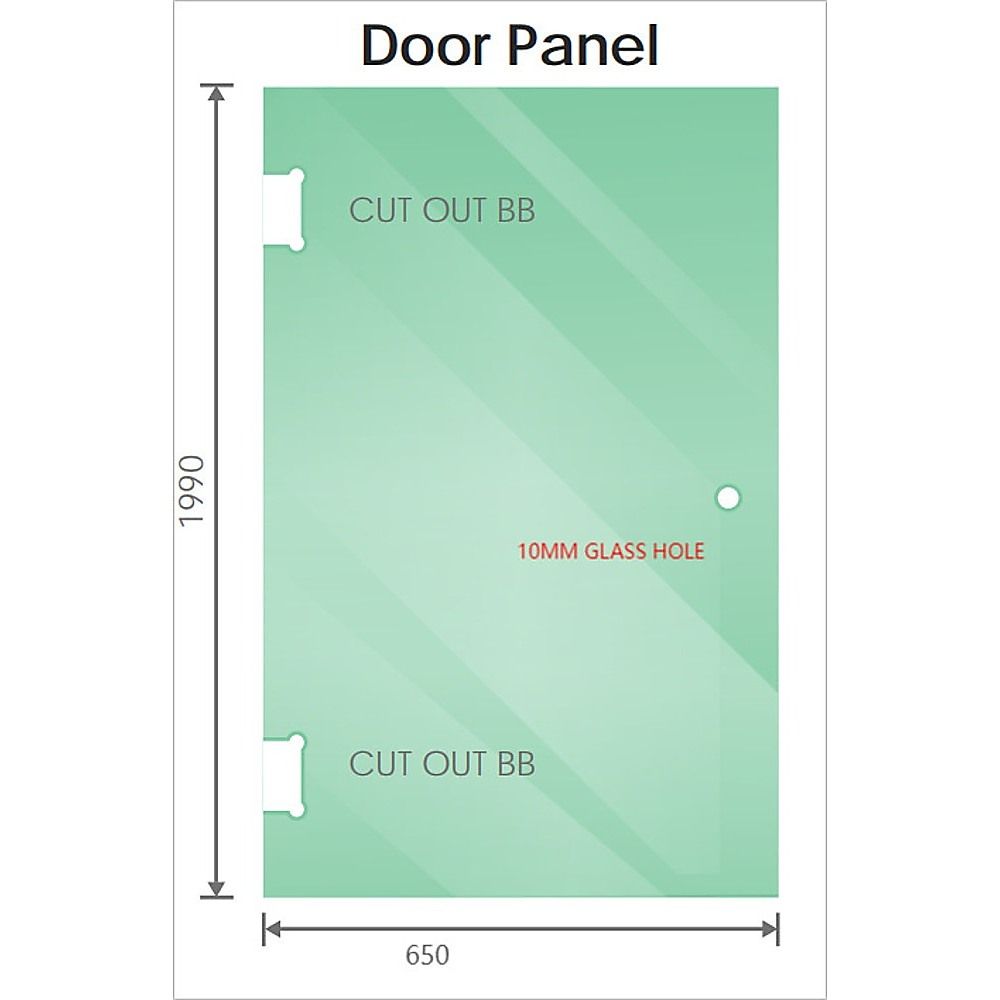 Shower screen door panel template showing cutout areas and glass mounting hole