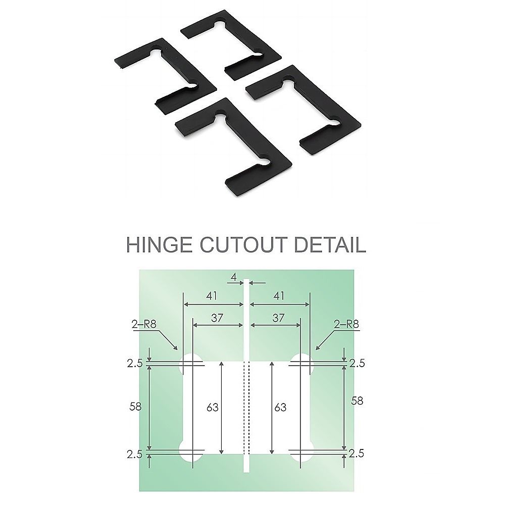 Hinge cutout detail template with spacing guides for glass panel installation