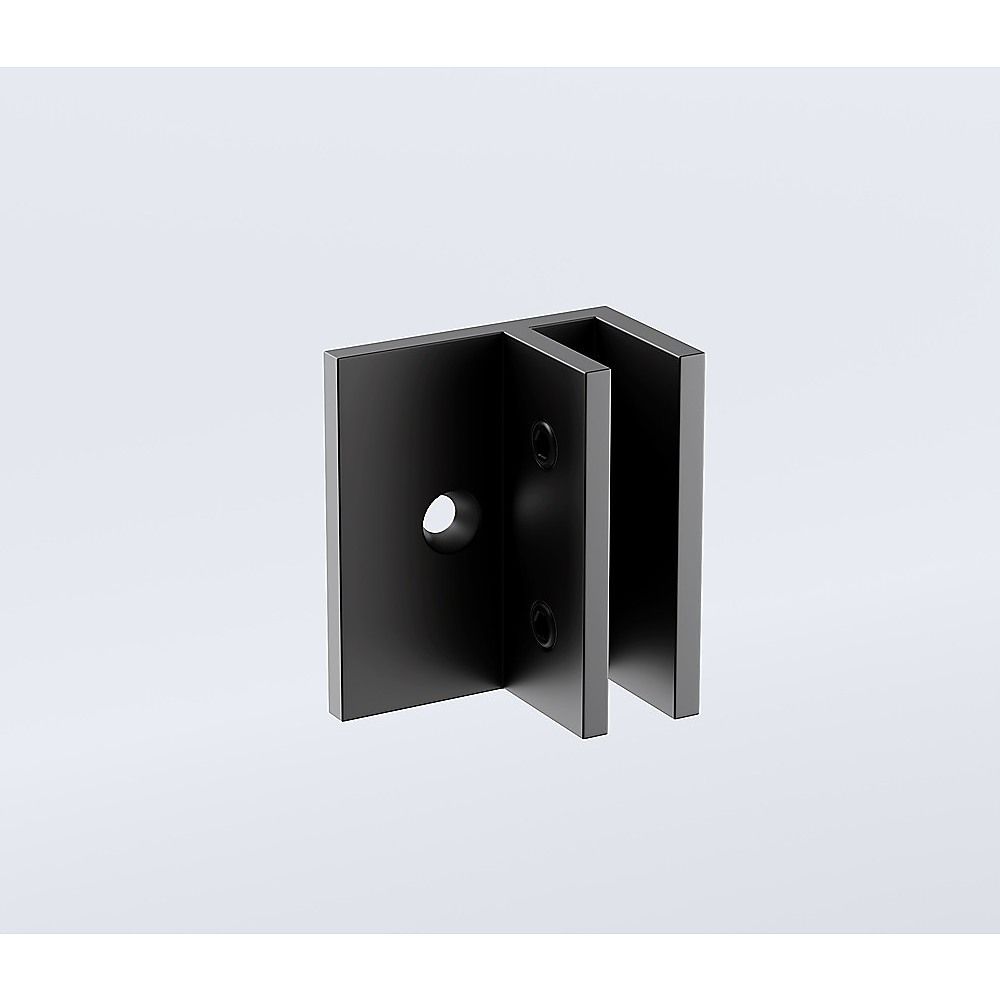 Black square shower screen hinge bracket with mounting holes, 3D view