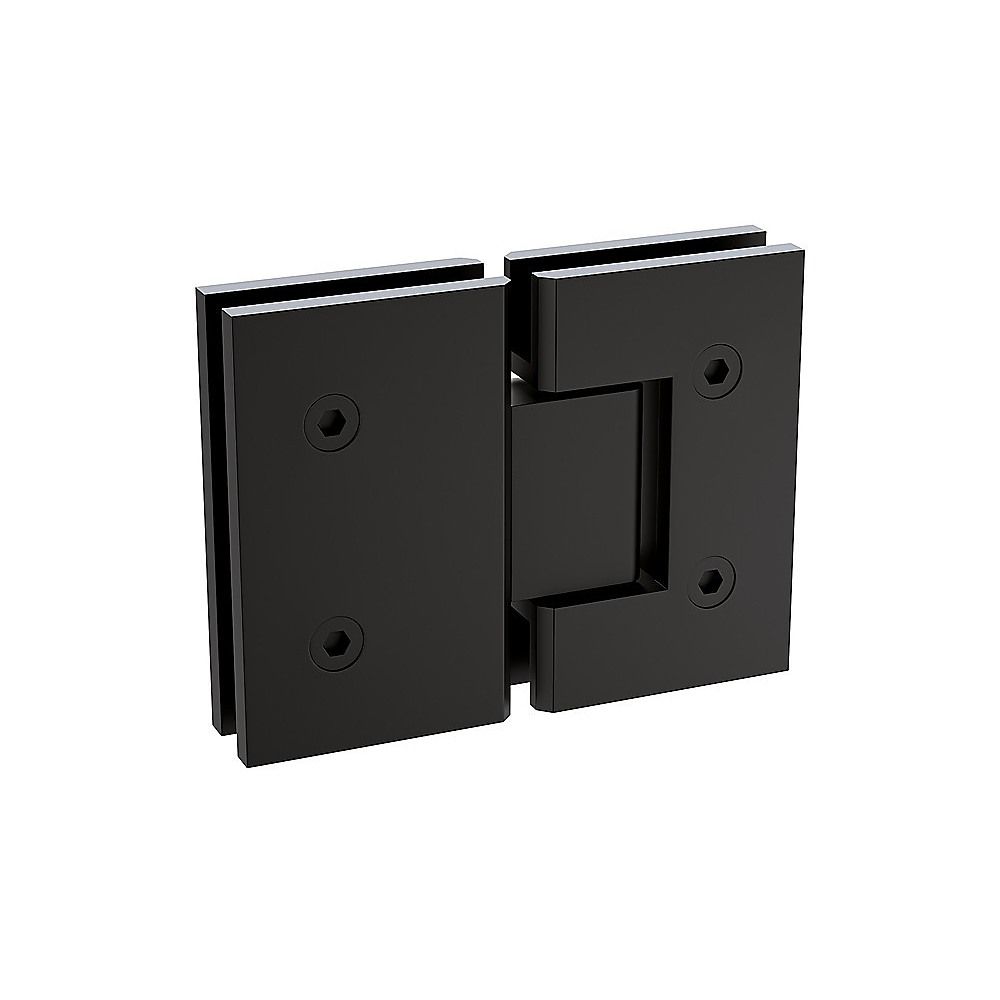Black shower screen hinge bracket with central latch opening, 3D view