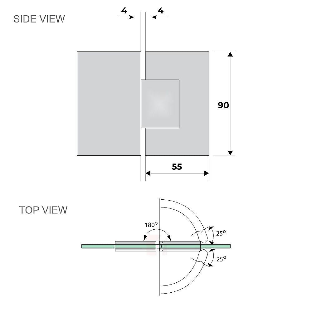 Shower hinge movement diagram showing side view and 180° rotation range