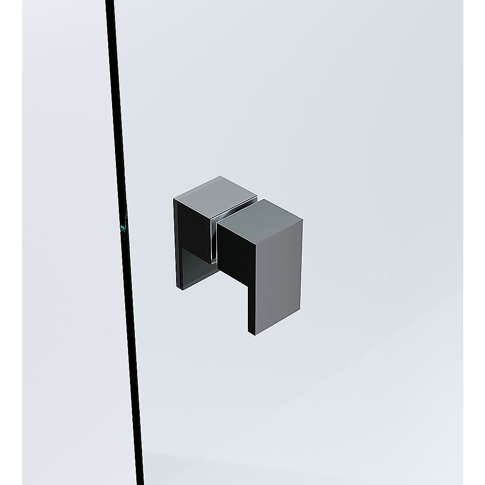 Black square shower screen hinge and handle bracket hardware, close-up