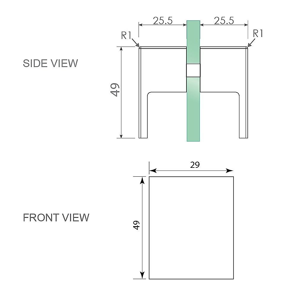 Square shower screen hinge dimension diagram: side and front measurements