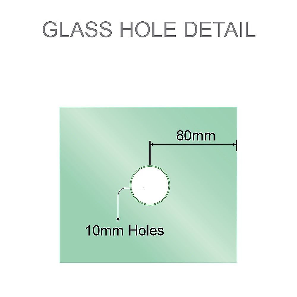 Shower screen glass hole detail diagram: 10 mm holes, 80 mm spacing