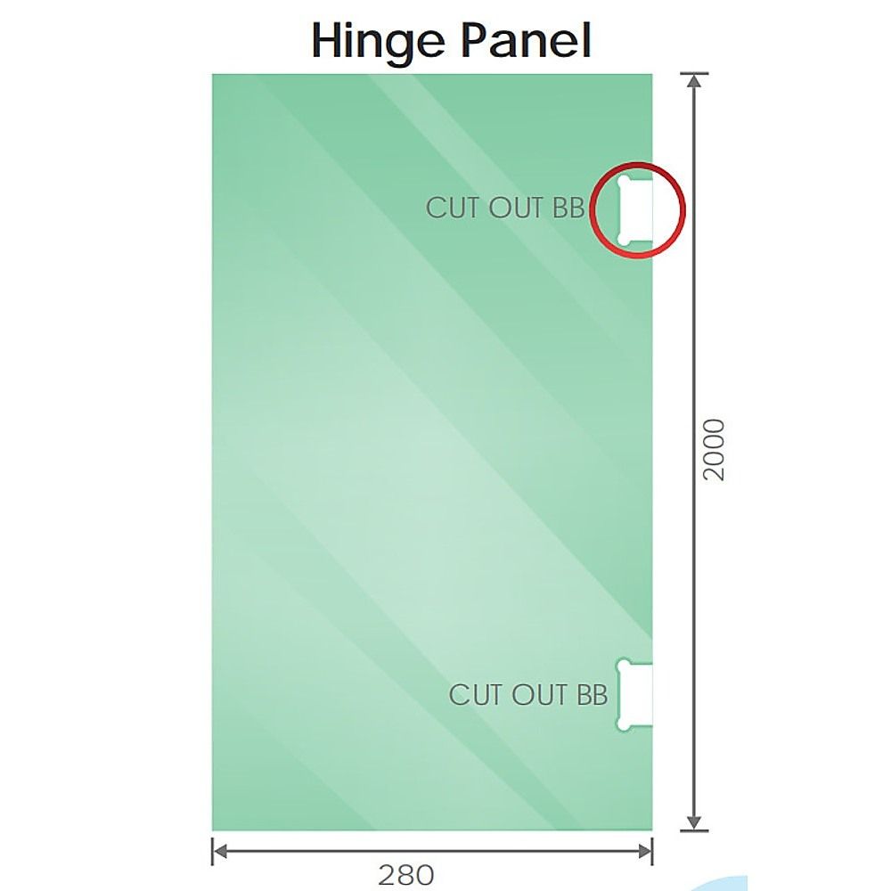 Shower screen hinge panel cutout diagram with hinge and glass hole areas