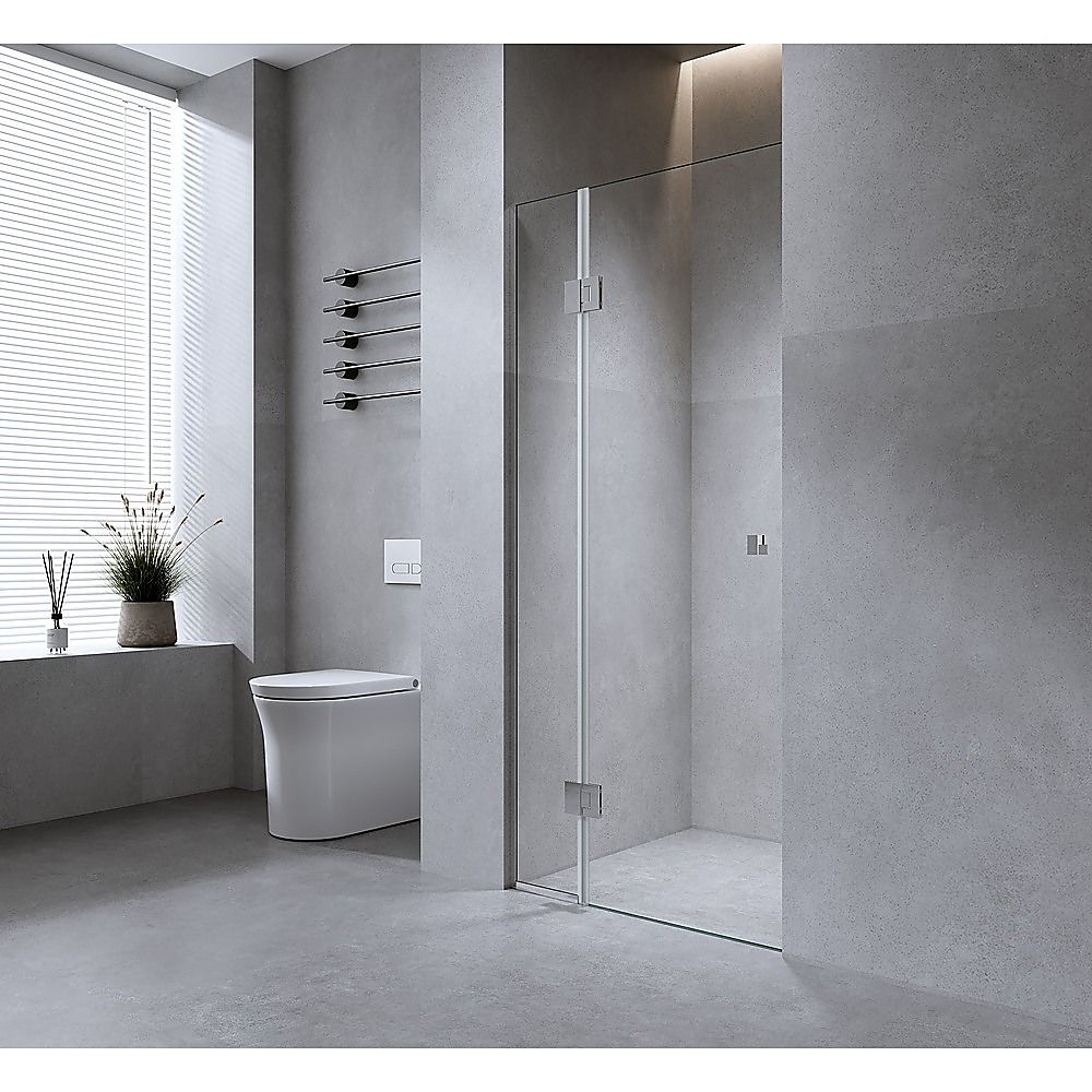 Frameless black wall shower screen with clear glass, hinges, and square double pull handle