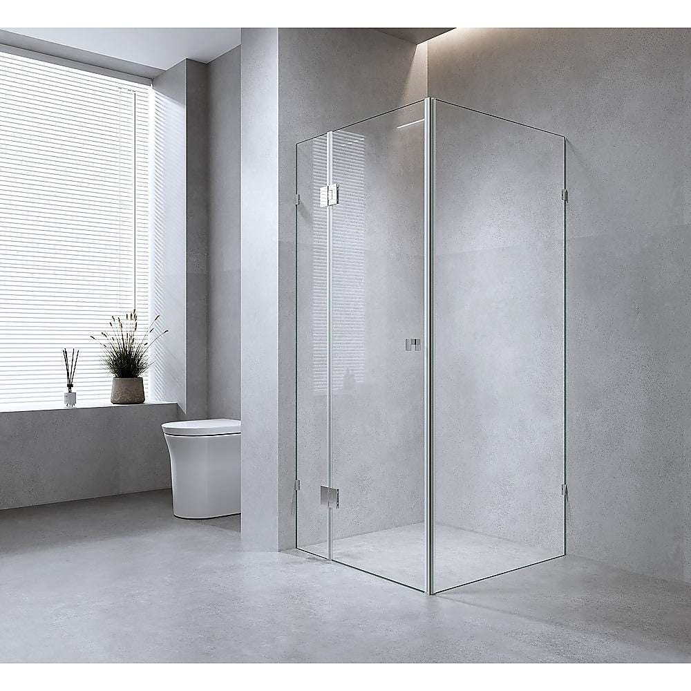 120x100cm Corner Frameless Shower Screen with Chrome Wall U-Brackets and Brass Hinges, Round Knob Handle