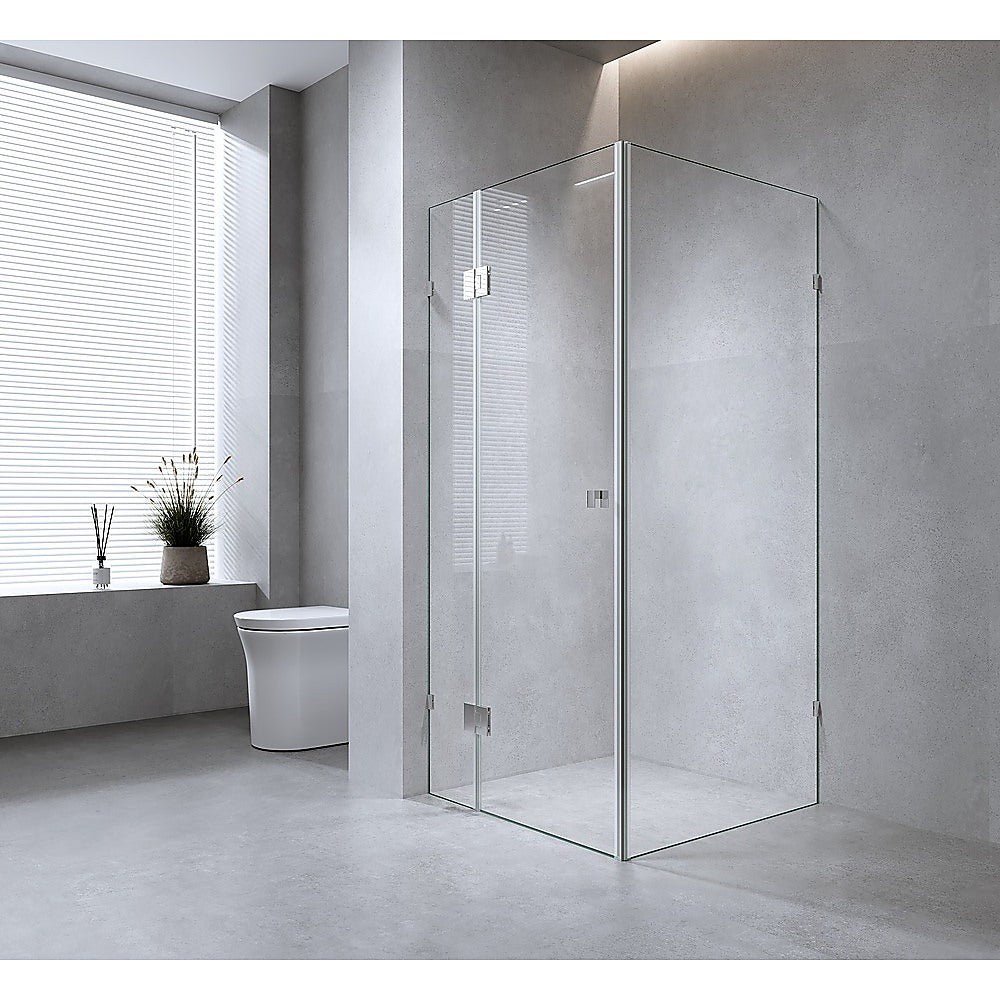 90x70cm Corner Frameless Shower Screen with Chrome Wall F-Brackets and Brass Hinges, Square Double Pull Handle