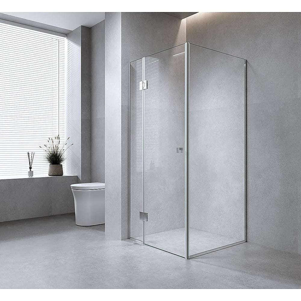100x70cm Corner Frameless Shower Screen – Black Wall Channel, Brass Hinges & Round Knob Handle