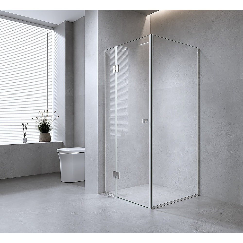 120x110cm Corner Frameless Shower Screen – Black Wall Channel and Floor Channel with Brass Hinges & Round Knob Handle
