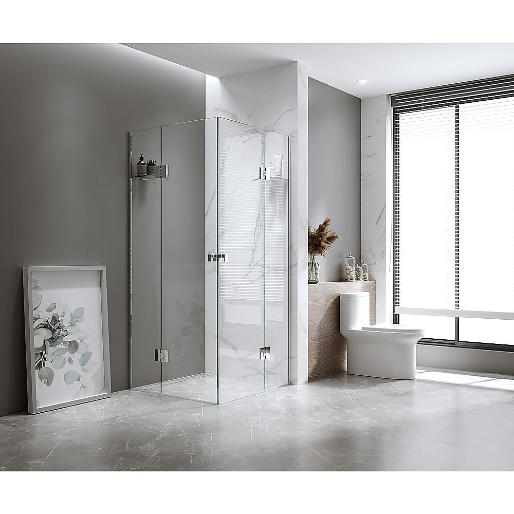 100x120cm Double Door Corner Shower Screen – Wall Channels with SS Hinges in Black, Square Knob Handle