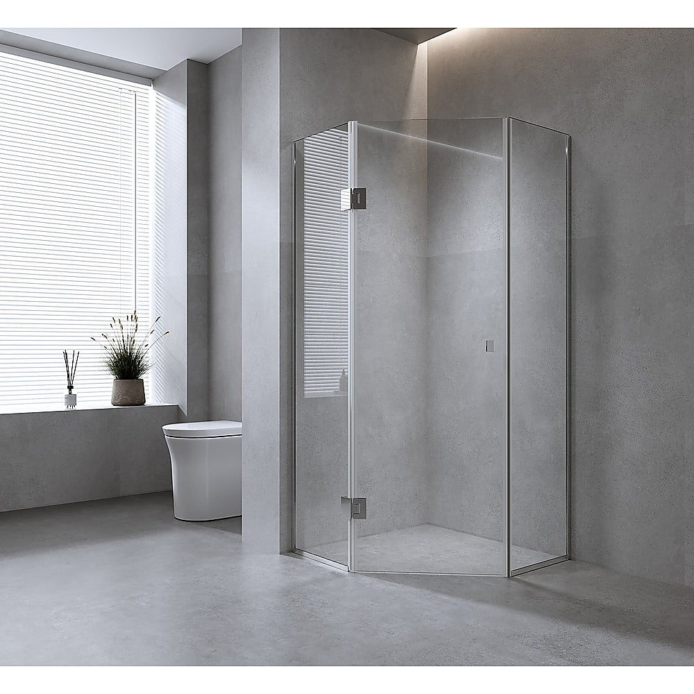 100cm Frameless Diamond Shower Screen – Channels with SS Hinges in Chrome, Square Double Pull Handles