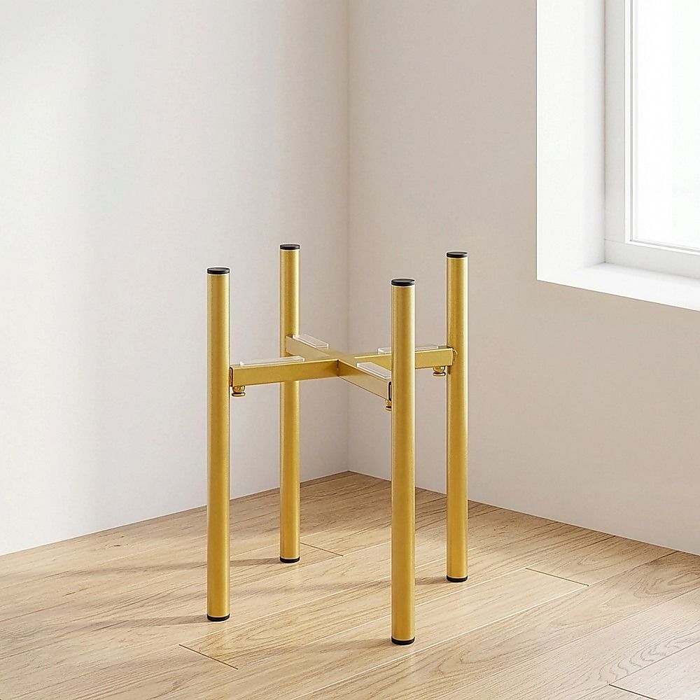 Gold metal plant stand with adjustable width and four upright legs