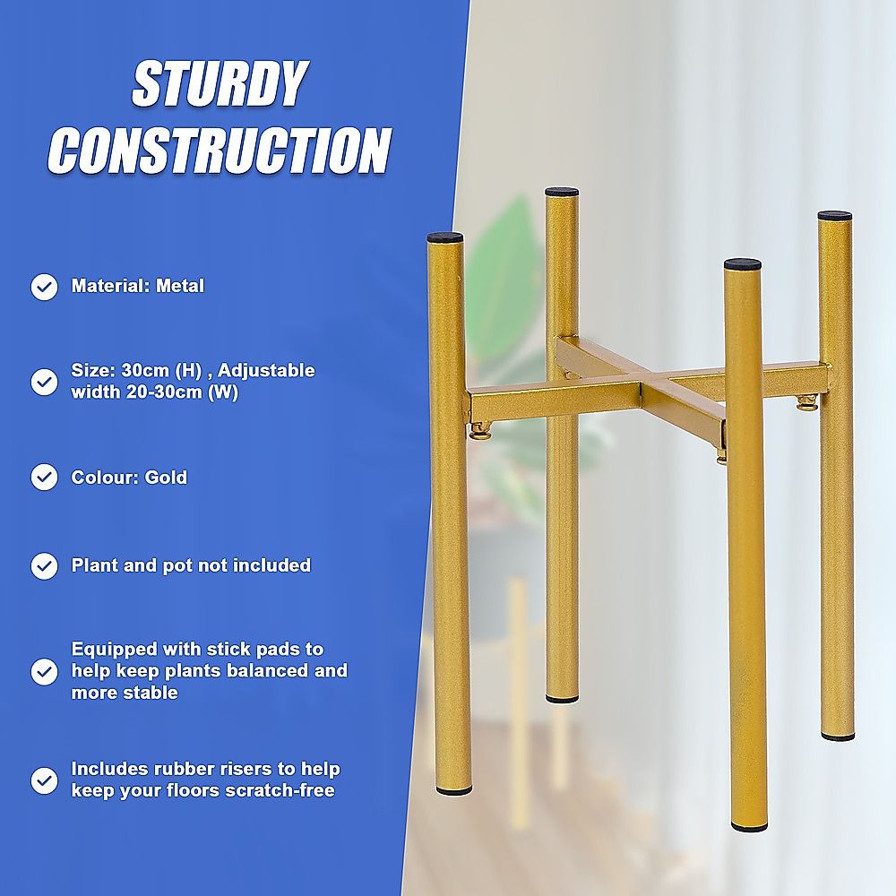 Gold metal plant stand with four posts and crossbar support