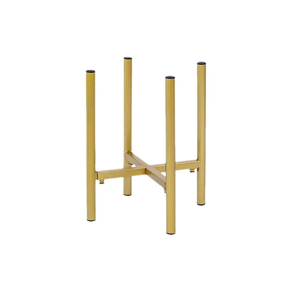 Adjustable metal plant stand with four vertical legs and gold frame, open support rack