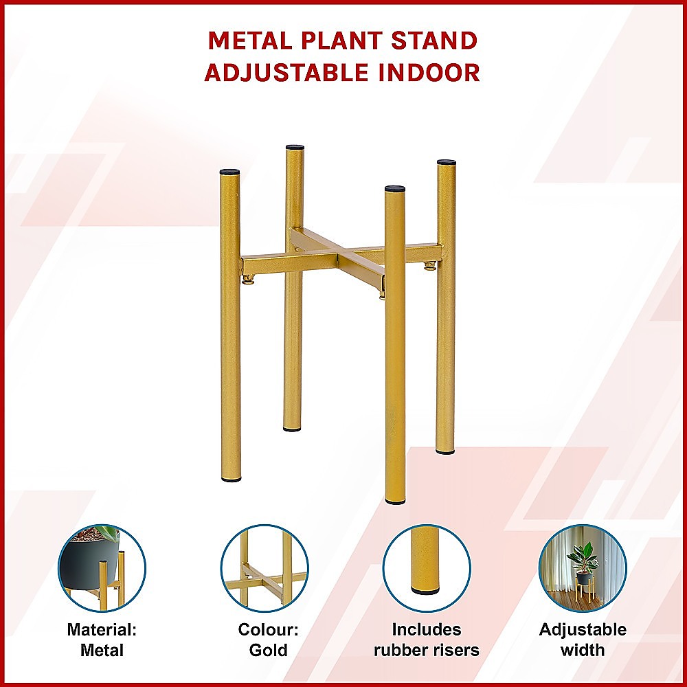 Gold adjustable metal plant stand with three-tier support arms and four padded legs