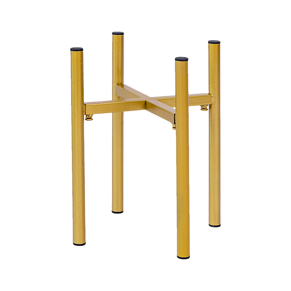 Gold metal plant stand with square base and adjustable side posts for pots