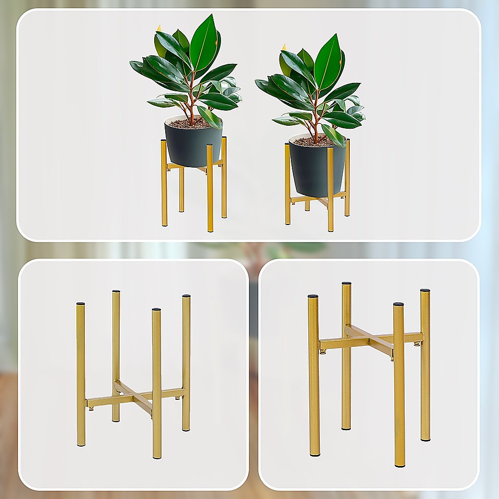Gold adjustable metal plant stands shown from front and angled views, four-leg frame