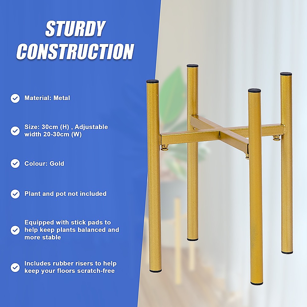 Gold adjustable metal plant stand with sturdy support bar and four vertical legs