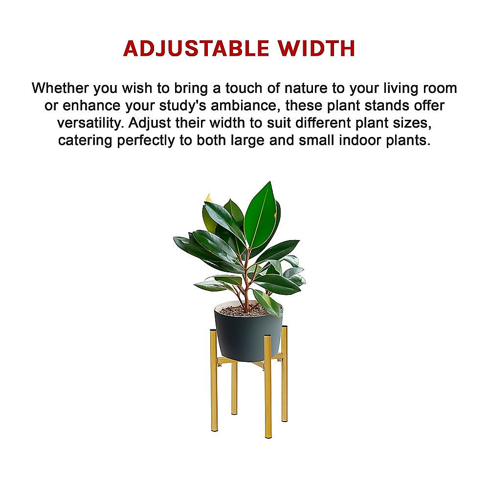 Gold adjustable metal plant stand with a potted plant and three-leg base with arms